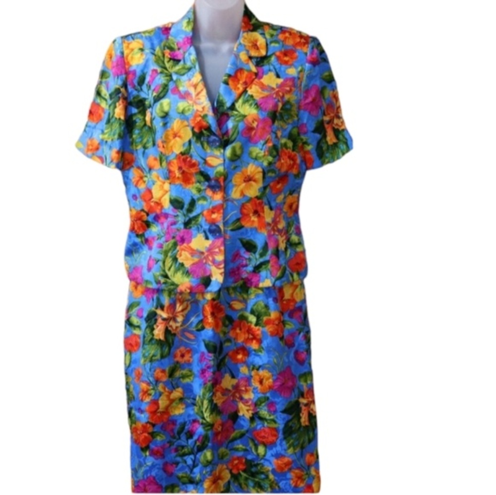 Adrianna Papell Bright Blue & Floral Print Silk Skirt Suit 10